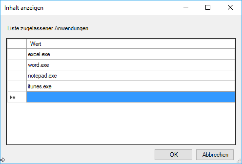 Liste der zugelassenen Windows Anwendungen