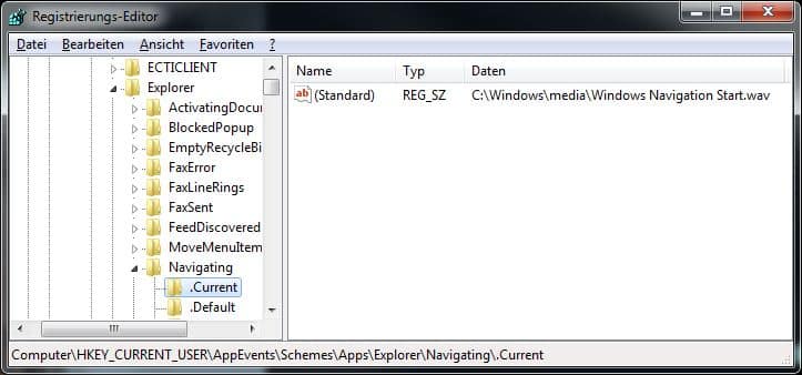 Klick Töne des Explorers ausschalten \HKEY_CURRENT_USER\AppEvents\Schemes\Apps\Explorer\Navigating\Current