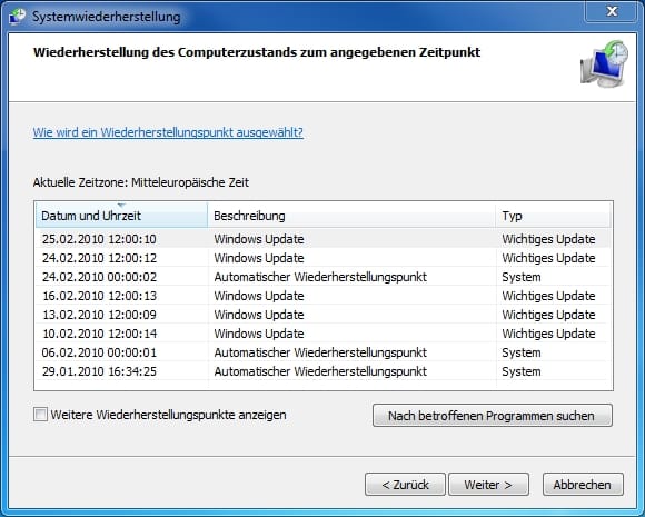 systemwiederherstellungspunkte