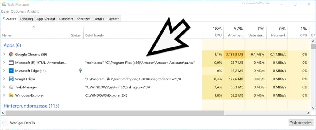 Befehlszeile der Windows Prozesse im Windows Taskmanager