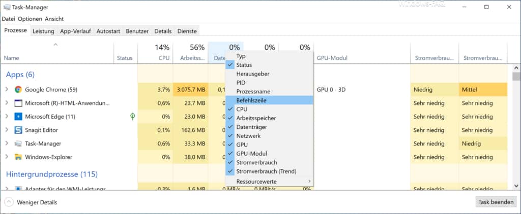 Befehlszeile im Windows 10 Taskmanager einblenden