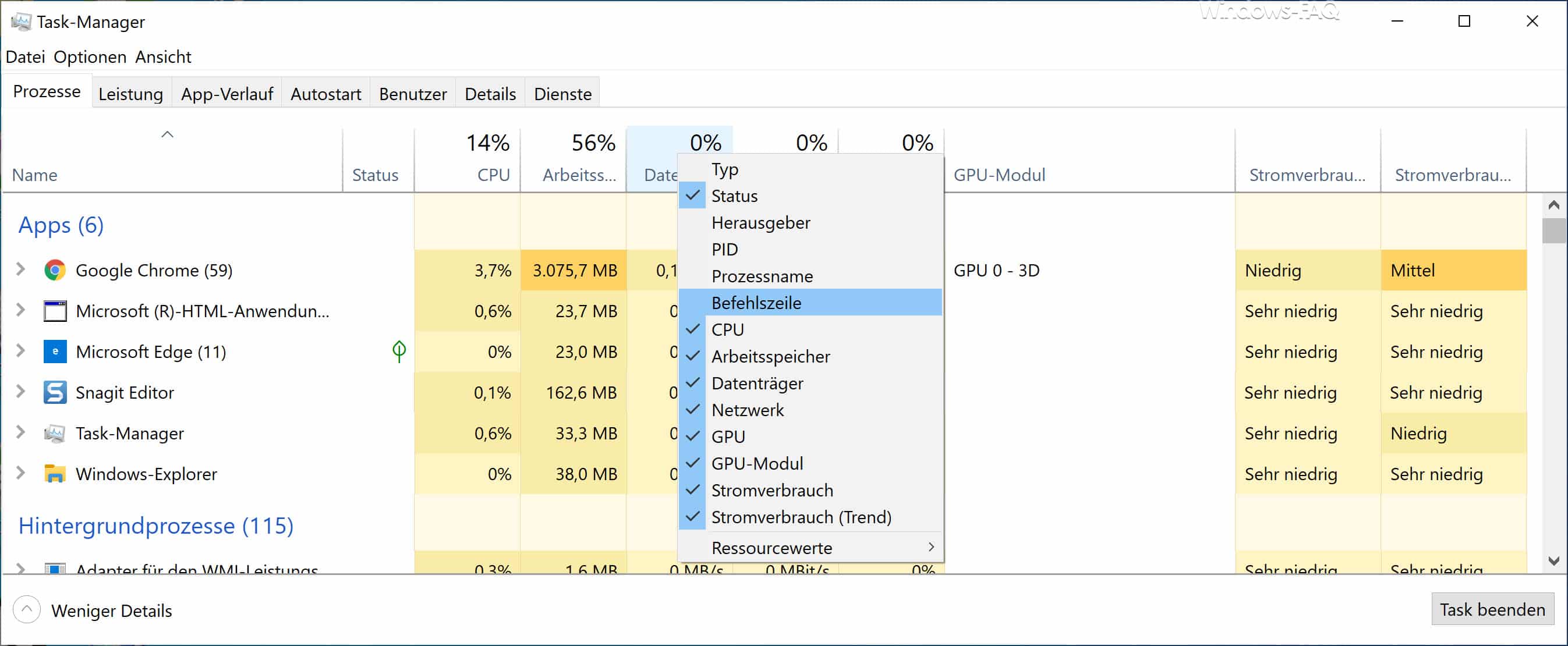 Im Taskmanager die Befehlszeile von laufenden Prozessen anzeigen