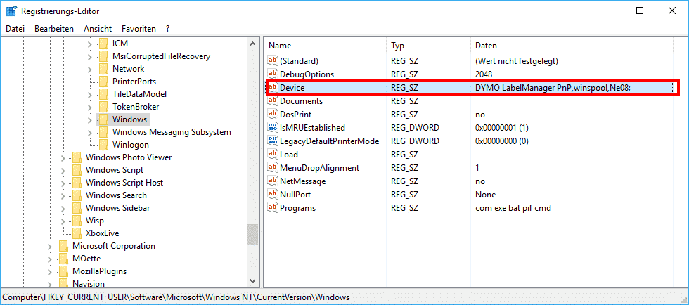 Standarddrucker per Registry ändern