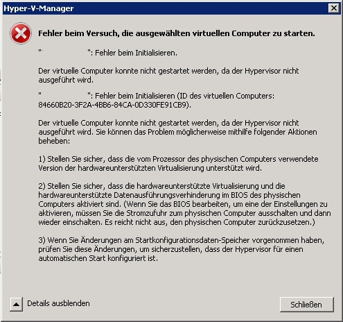 Hyper-V-Manager – Meldung Hypervisor wird nicht ausgeführt