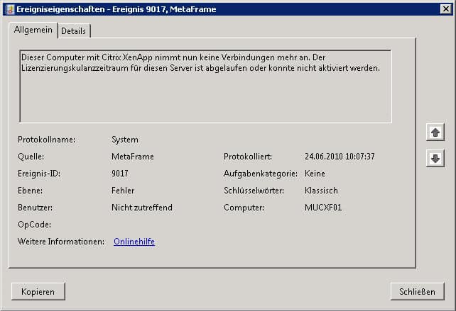 Citrix Event ID 9017 im Ereignisprotokoll eines XenApp Servers