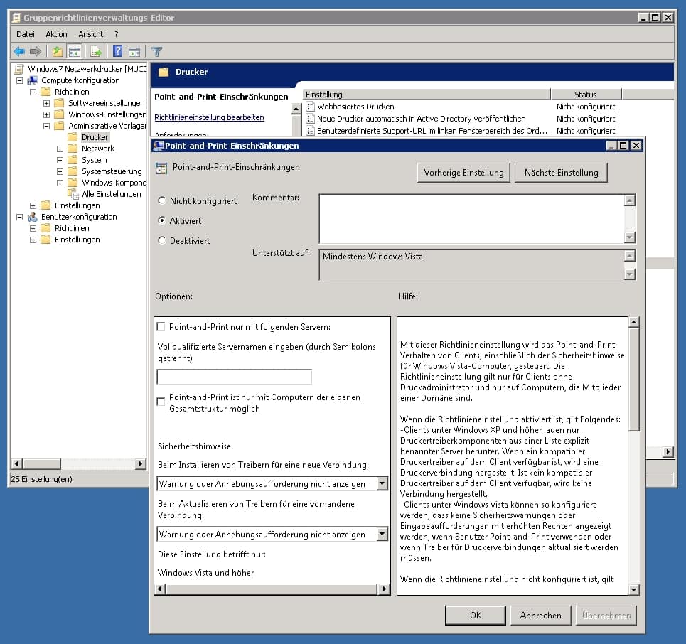 Netzwerk Druckertreiber Installationsabfrage bei Windows 7 Clients abschalten