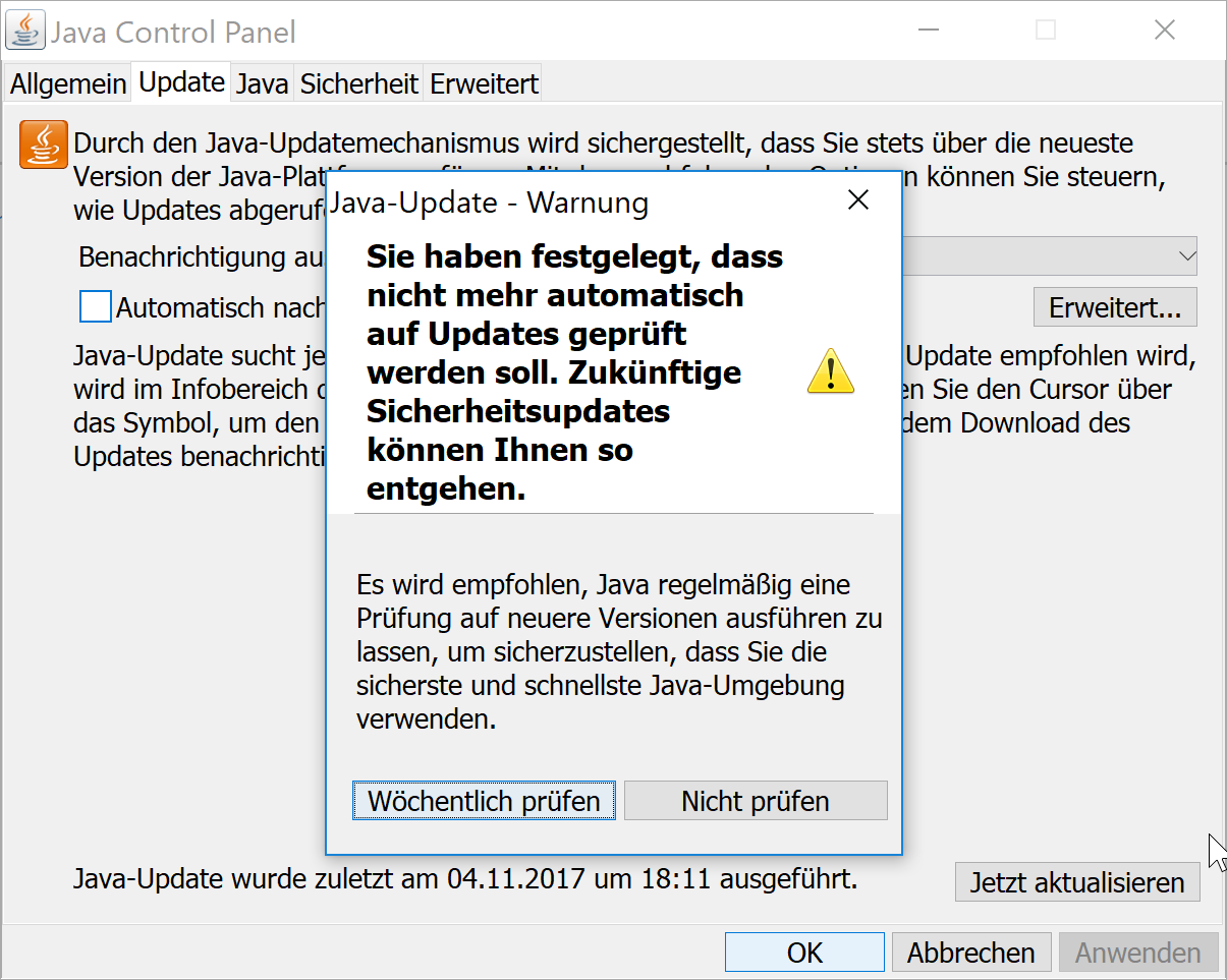 Java Update Warnung