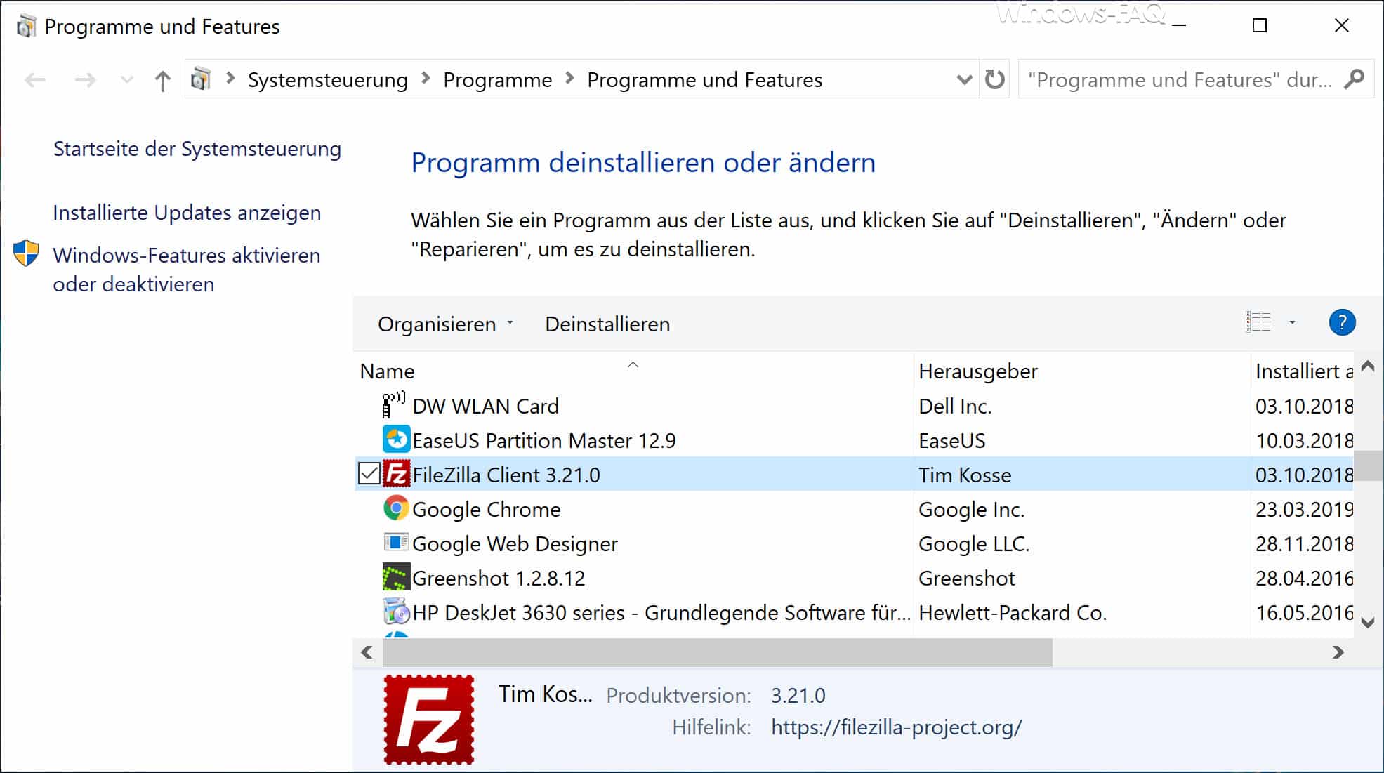 Softwareliste bei Windows