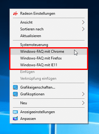 Beliebte Webseiten direkt aus dem Desktop Kontextmenü starten