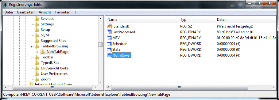 ie9 registry numrows