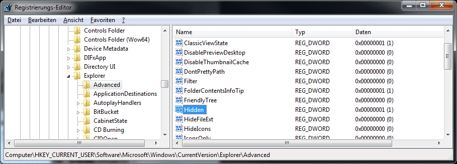 registry hidden Registry Wert für versteckte Dateien im Windows Explorer
