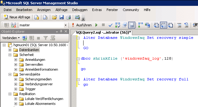 Microsoft SQL Log Datei verkleinern Microsoft SQL Log Datei verkleinern