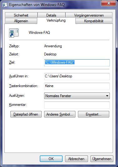 Eigenschaften von Windows-FAQ Eigenschaften von Windows-FAQ im Windows Explorer