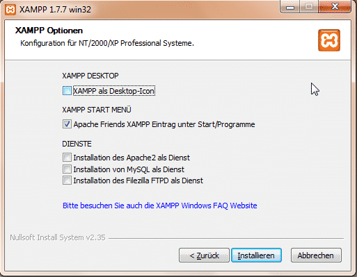 XAMPP 1.7 Installationsoptionen und Dienste XAMPP 1.7 Installationsoptionen und Dienste
