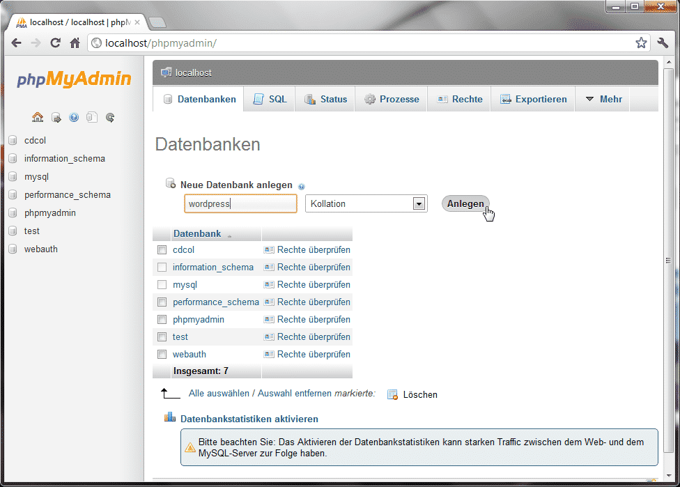 phpmyadmin Datenbank anlegen phpmyadmin Datenbank anlegen