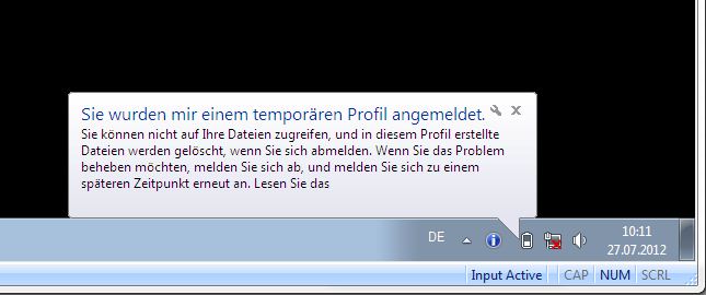 Profil Fehlermeldung „Sie wurden mit einem temporären Profil angemeldet.“