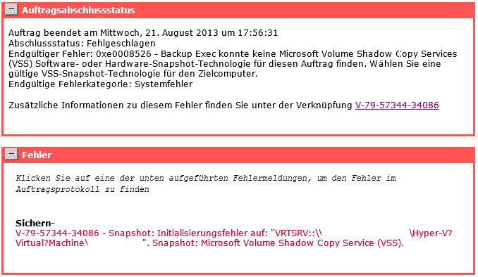 Backup Exec 2012 Snaphot Error 0xe0008526 (V-79-57344-34086)