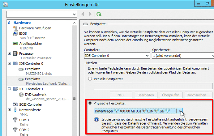 Pass through-Disk unter Hyper-V einrichten