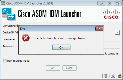 Cisco ASDM - Unable to launch device Manager from Cisco ASDM - Unable to launch device Manager from