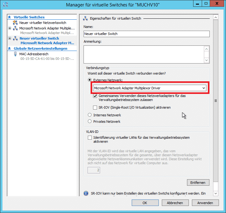 Hyper-V Einstellungen für virtuellen Switch