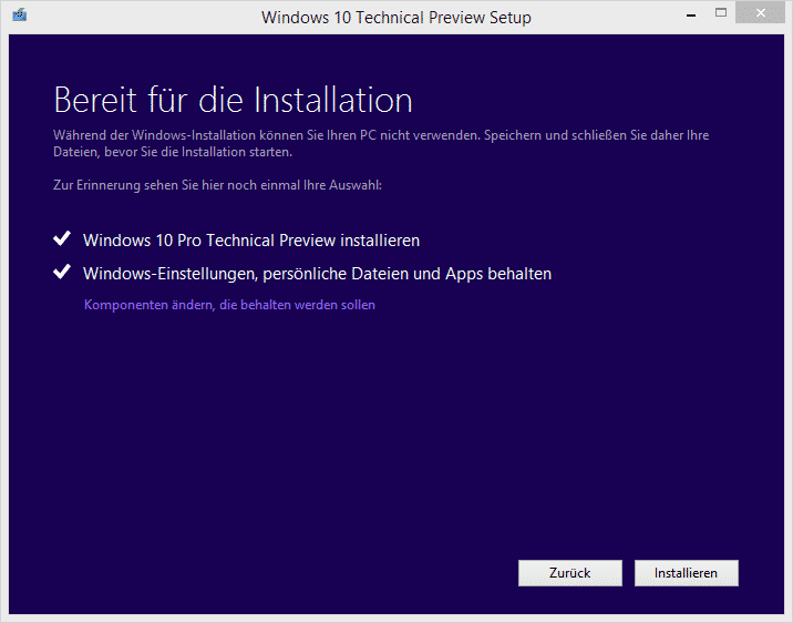 Windows 10 Bereit für die Installation
