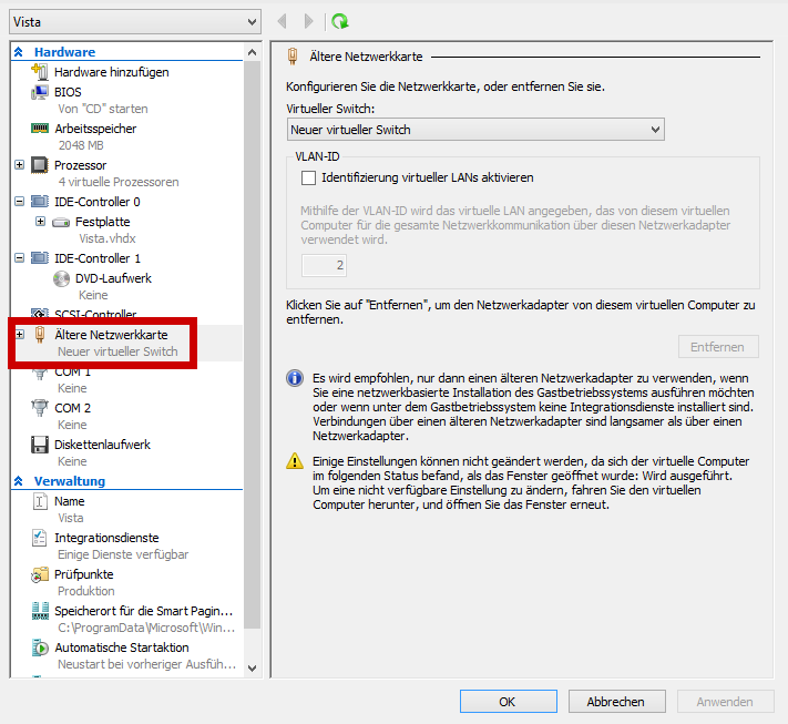 Vista legacy network adapter