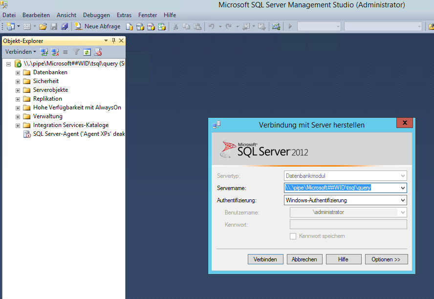 Interne WSUS Datenbank mit SQL Management Studio aufrufen
