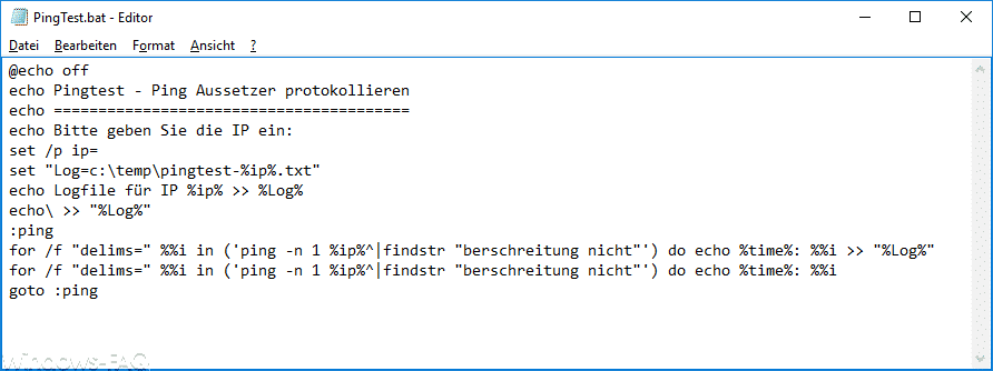 Pingtest.bat Quellcode