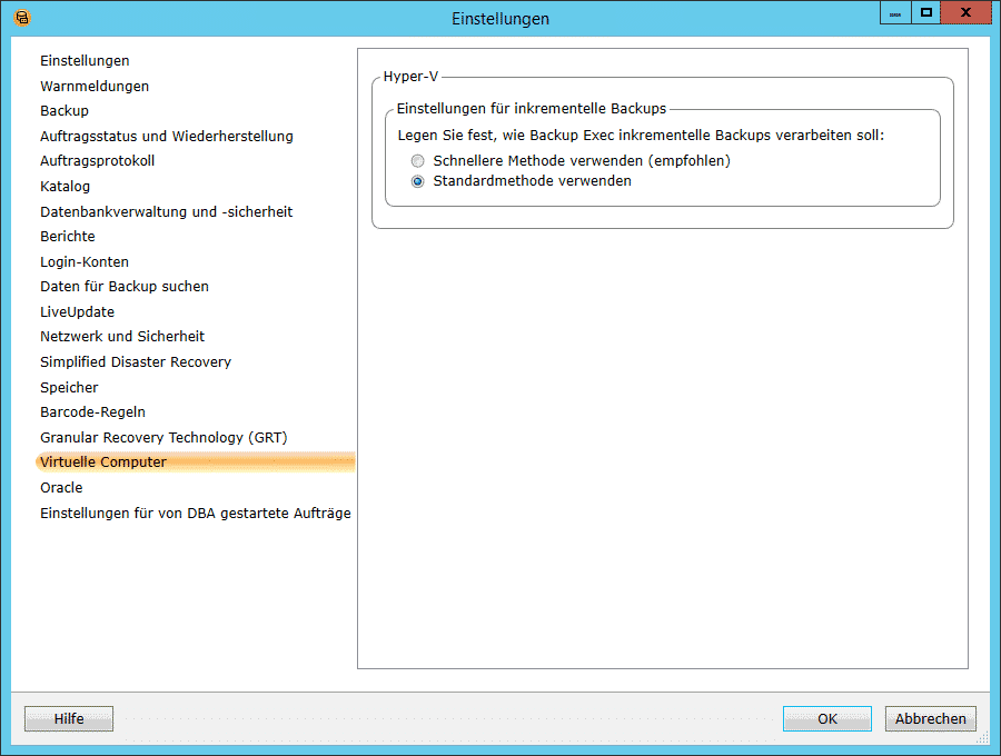 Backup Exec 15 Einstellungen virtuelle Computer