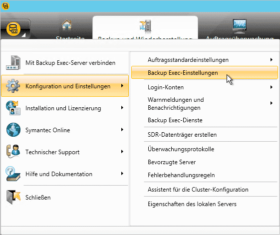 Backup Exec Konfiguration und Einstellungen