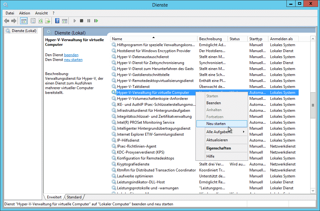 Hyper-V Services Dienst neu starten