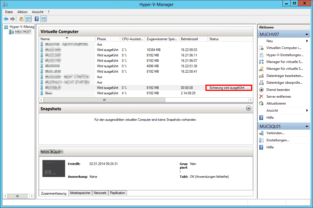 Hyper-V Meldung „Sicherung wird ausgeführt ….“