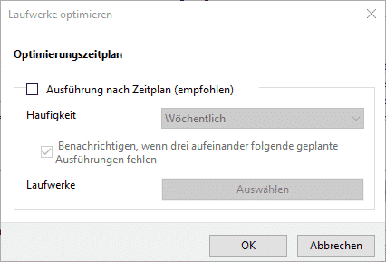 Optimierungszeitplan, Defragmentierung, Zeitplan, Windows 10