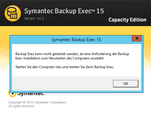 Veritas Backup Exec 2015 FP3 Installation Neustart