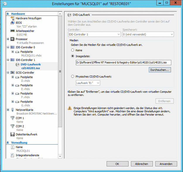 Hyper-V Einstellungen Boot Windows Password Reset