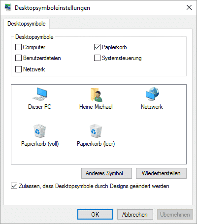Windows 10 Desktopsymboleinstellungen Papierkorb entfernen