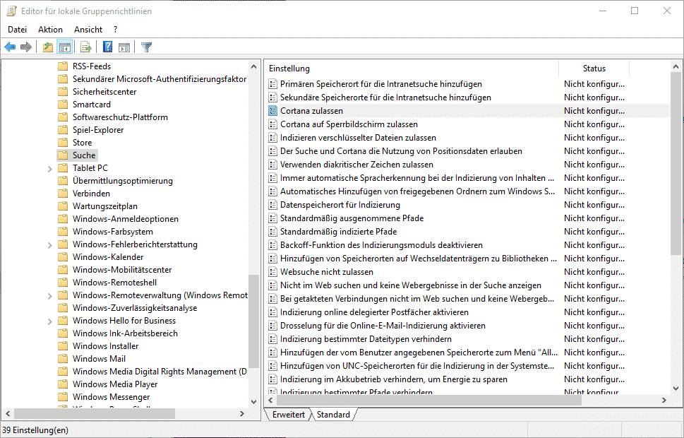 Cortana abschalten Windows 10 Editor lokale Gruppenrichtlinien gpedit