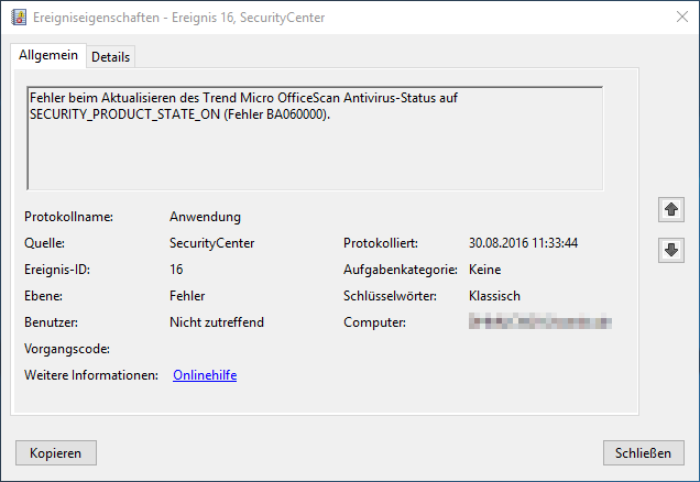 Trend Micro OfficeScan Antivirus SECURITY_PRODUCT_STATE_ON Fehler BA060000