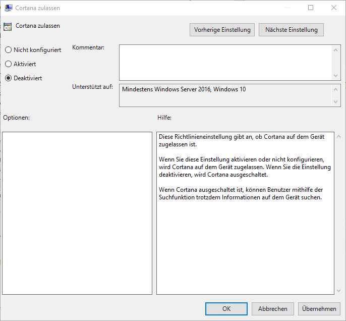 GPEDIT Cortana ausschalten Windows 10 Gruppenrichtlinie