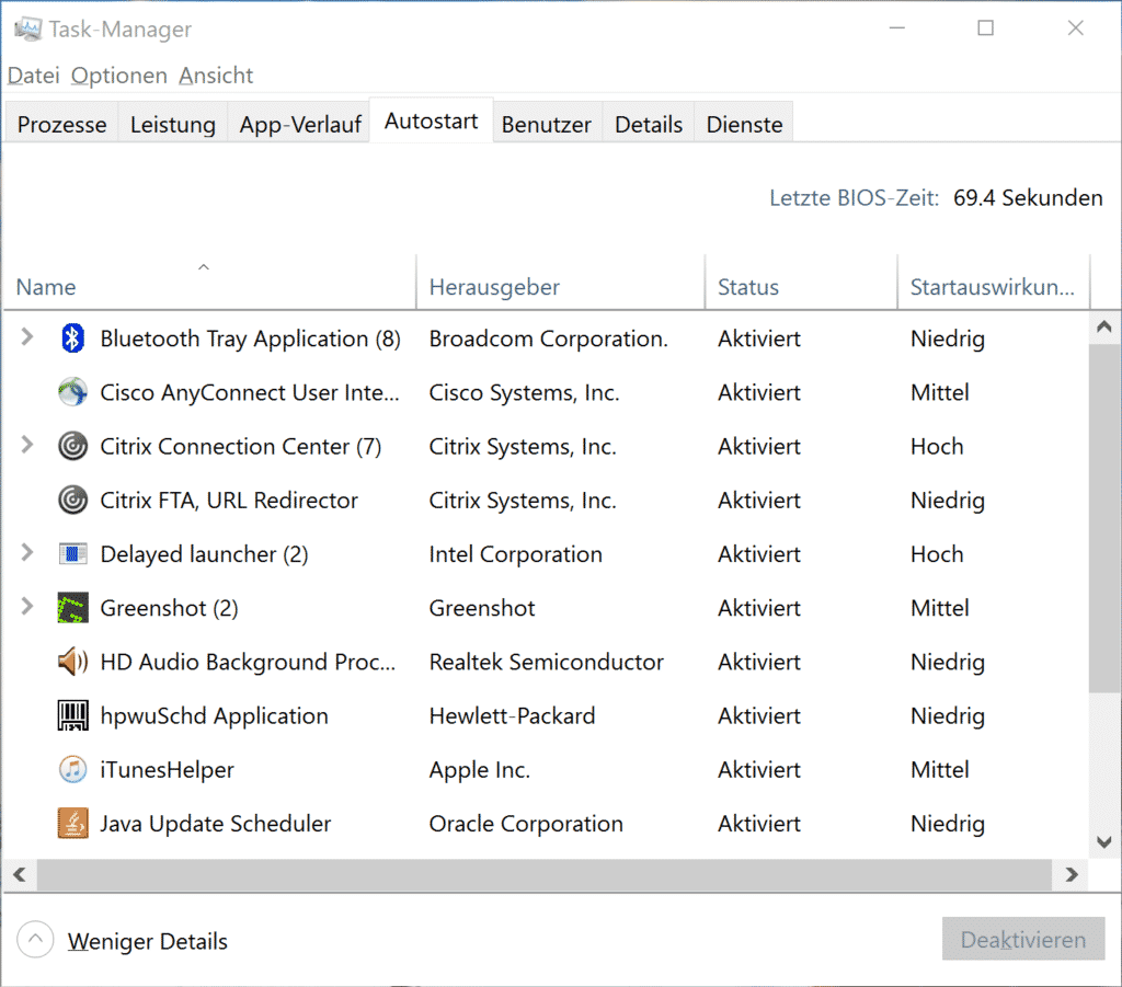 Autostart bereinigen im Windows Taskmanager