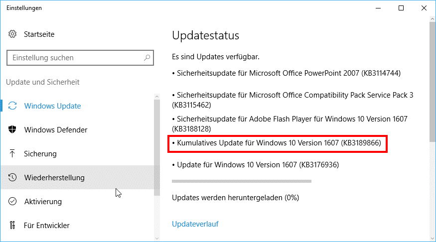 KB3189866 Update bleibt bei Windows 10 Installation hängen