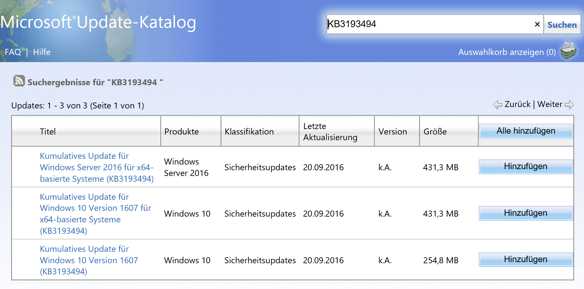 KB3193494 kumulatives Update ersetzt fehlerhaftes KB3189866