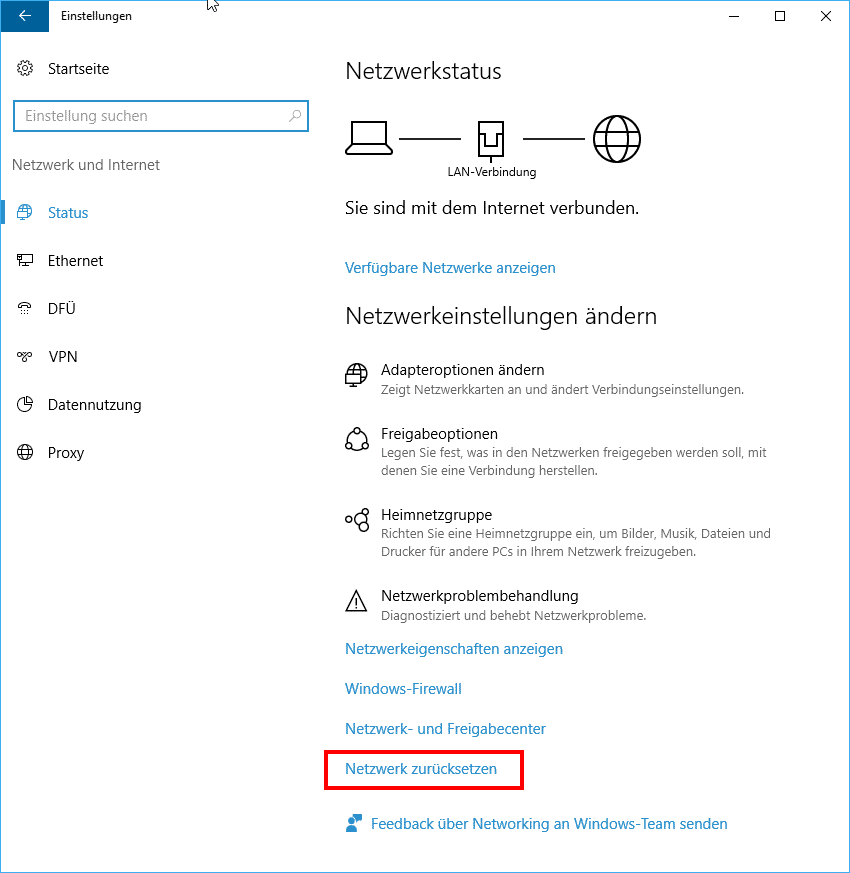 Netzwerk zurücksetzen Windows 10
