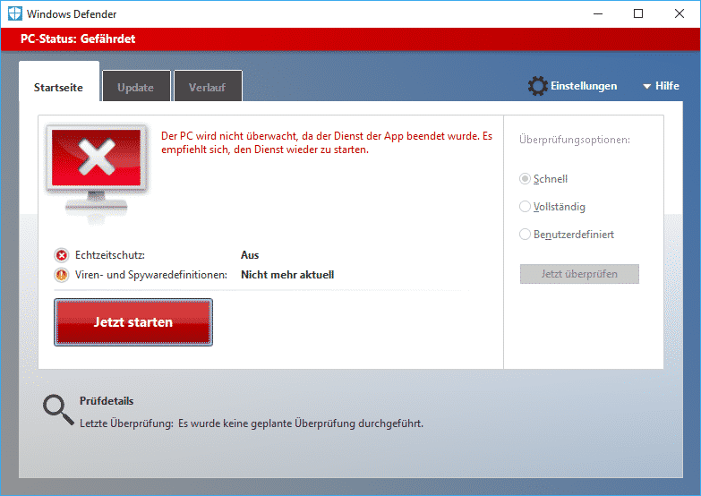 Windows Defender Status Gefährdet