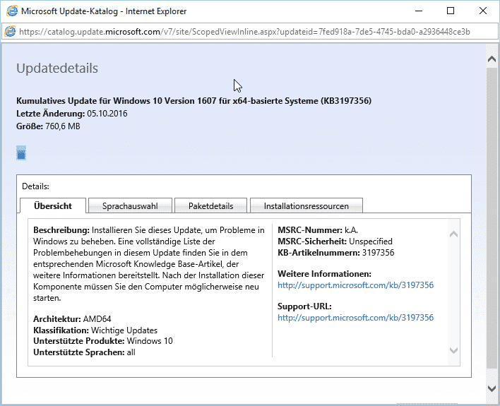 KB3197356 ersetzt fehlerhaftes Update KB3194496