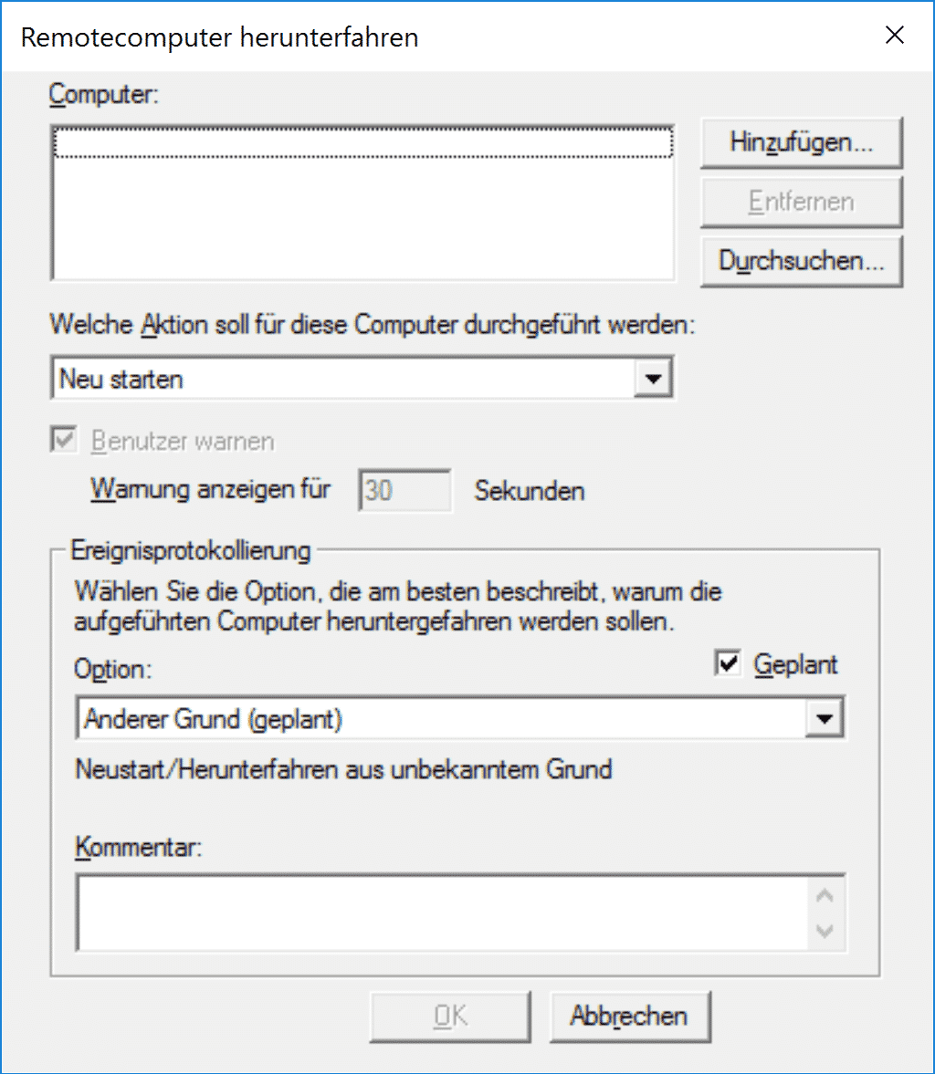 Shutdown Parameter -i grafische Oberfläche