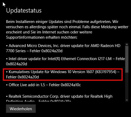 Update Fehler 0x8024a20d KB3197954
