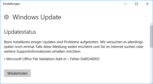 0x80246003 Windows Update Fehler Office Validation Add-in