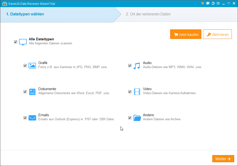 EaseUs Data Recovery Dateitypen wählen