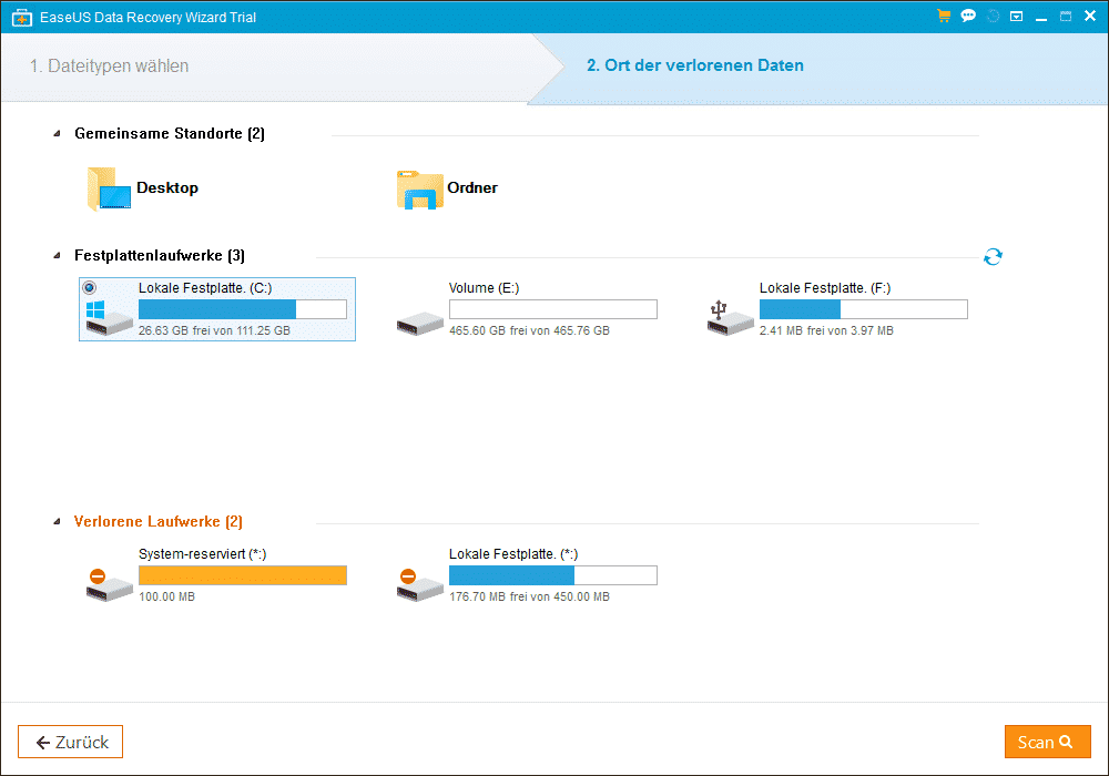 EaseUs Data Recovery Ort der verlorenen Daten